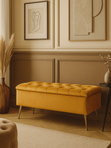 Pouf trapuntato con contenitore in papaya, un elemento arredo elegante e pratico per gli interni
