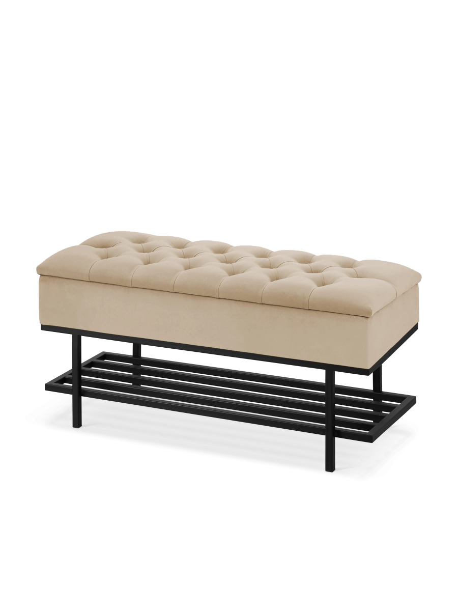 Panca trapuntata con ripiano in latte e base in metallo nero per corridoio o camera da letto