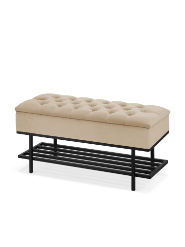 Panca trapuntata con ripiano in latte e base in metallo nero per corridoio o camera da letto