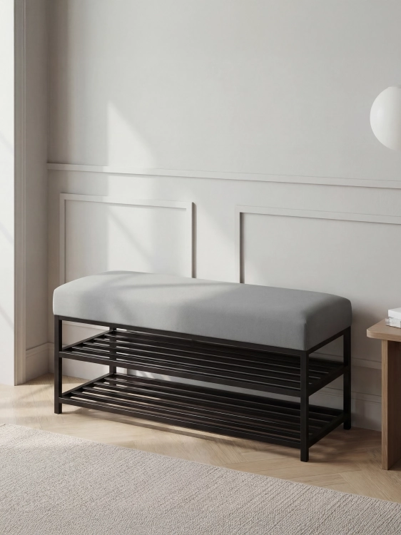 Banco industriale grigio con gambe in metallo nero