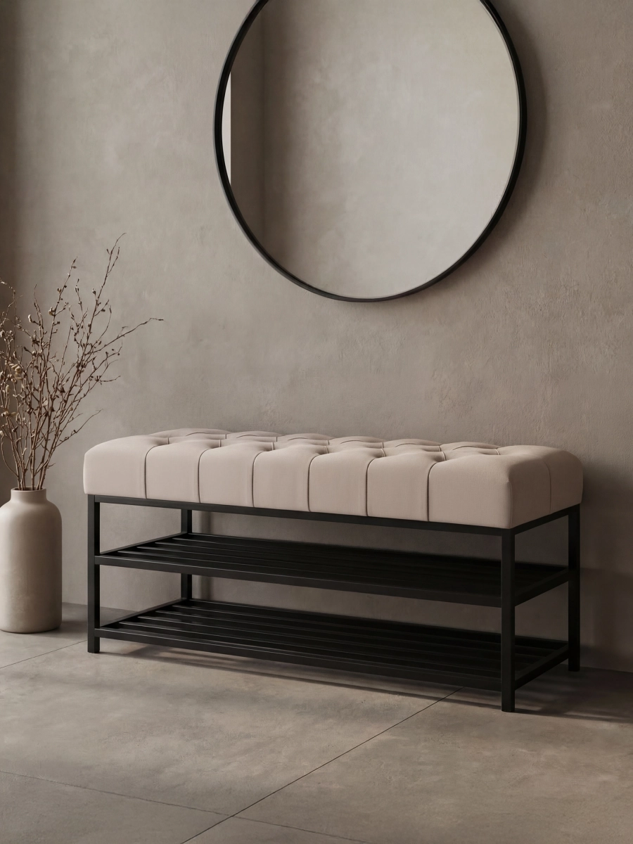 Panca da ingresso in stile industriale con rivestimento beige