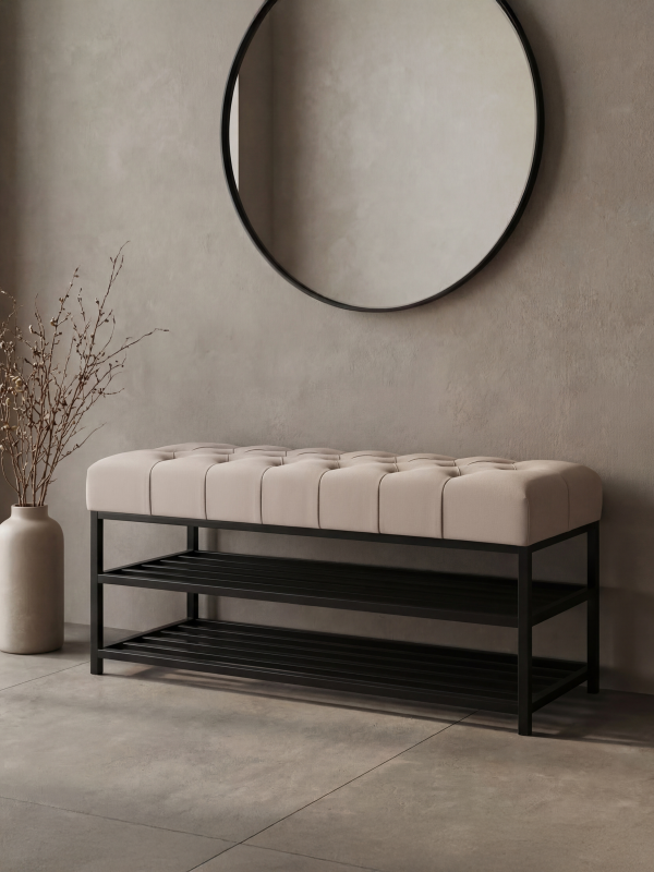 Panca da ingresso in stile industriale con rivestimento beige