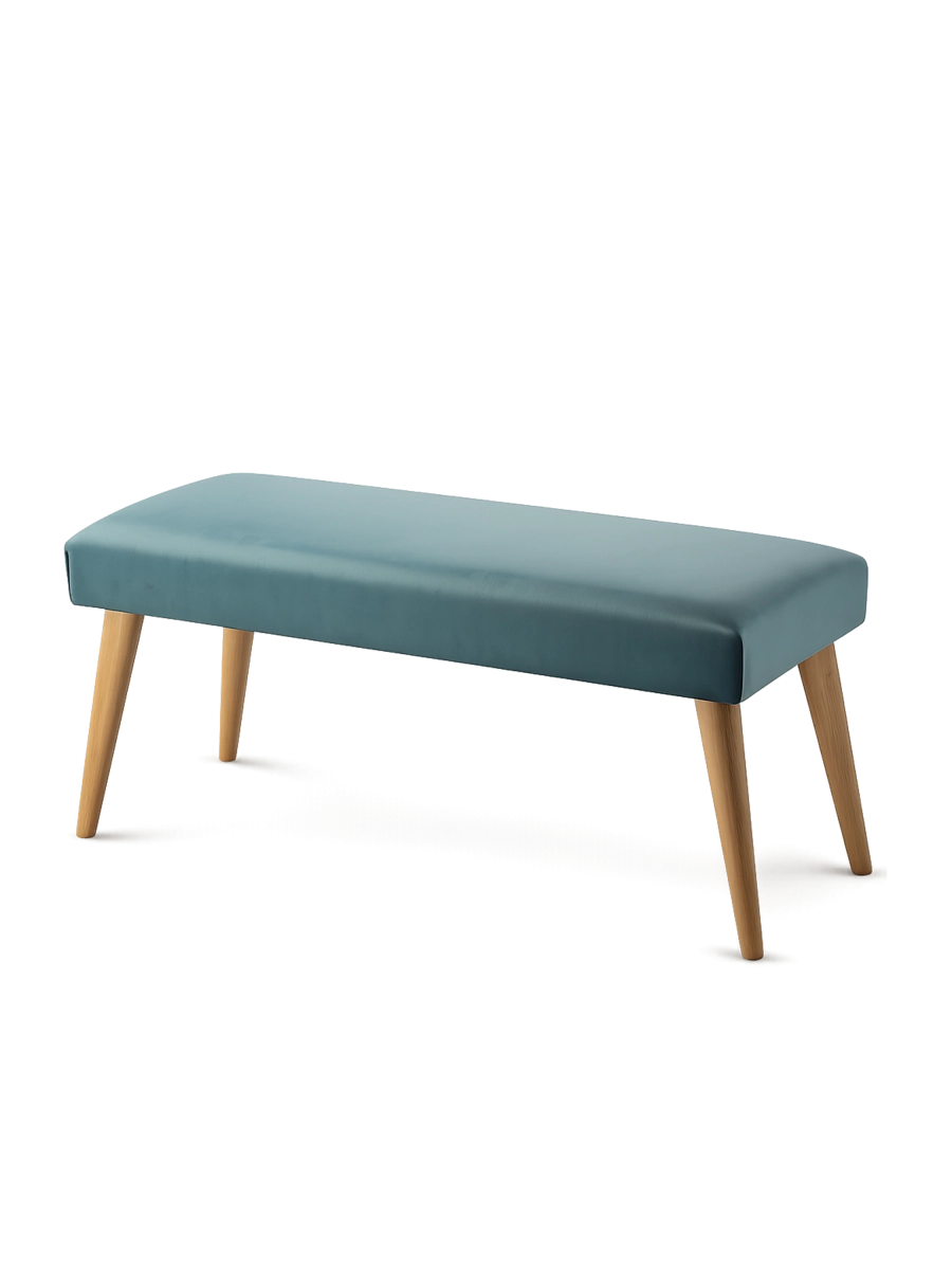 Elegante panca color menta con rivestimento e base in legno, perfetta per un soggiorno o un corridoio