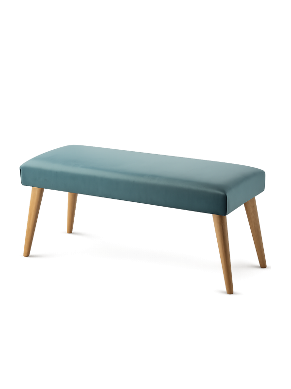 Elegante panca color menta con rivestimento e base in legno, perfetta per un soggiorno o un corridoio