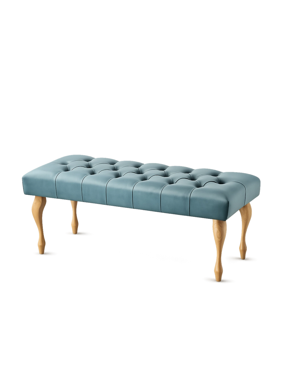 Panca imbottita color menta con gambe in legno