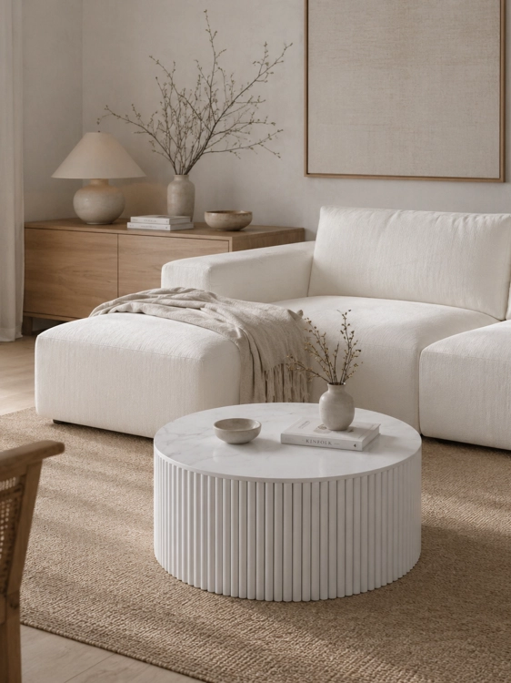 tavolino moderno di colore bianco con base scanalata e piano in pietra