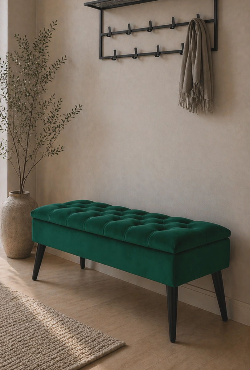 Pouf trapuntato in verde bottiglia con contenitore, elegante e spazioso