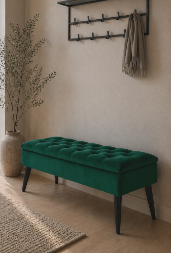 Pouf trapuntato in verde bottiglia con contenitore, elegante e spazioso