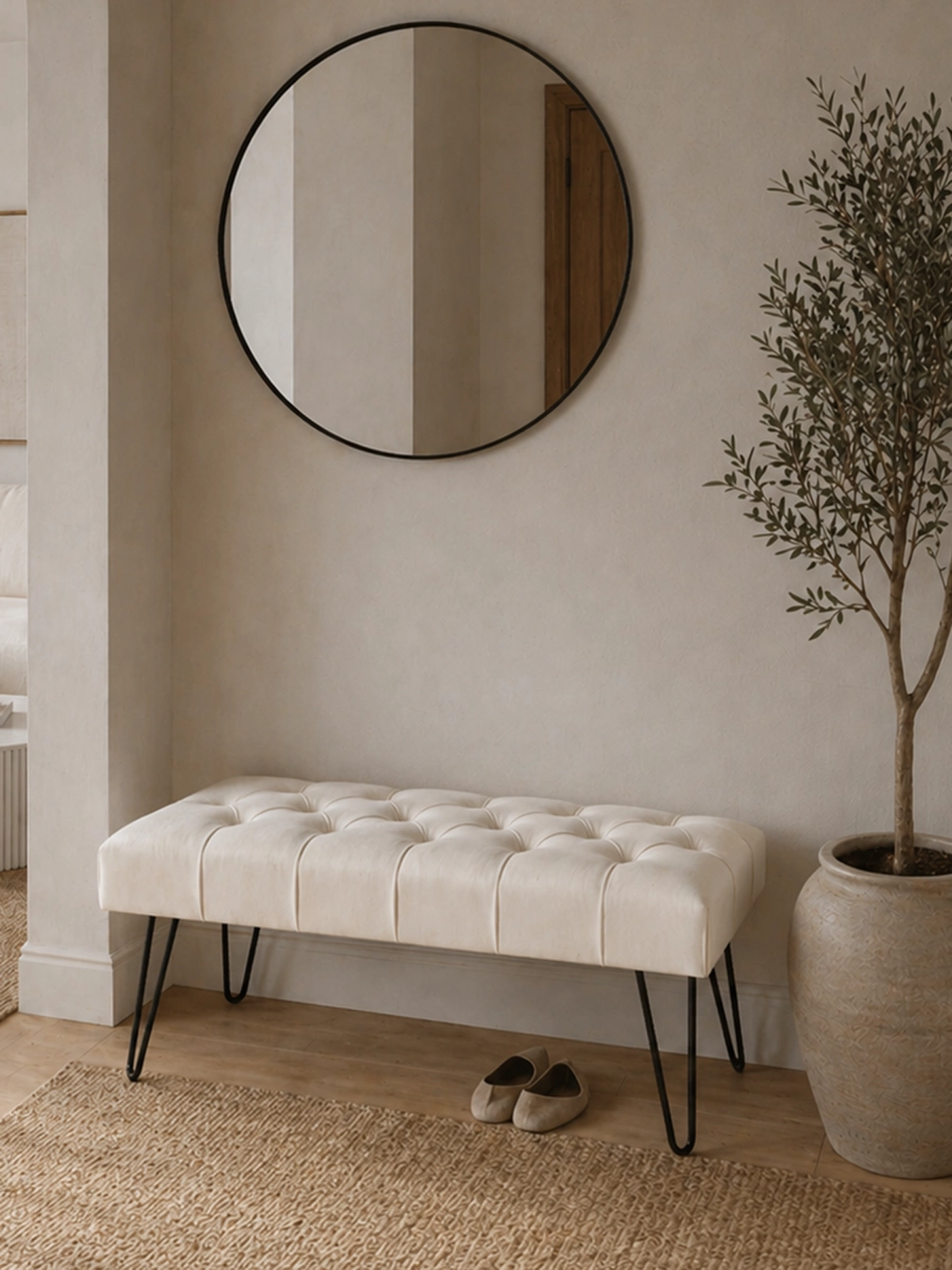 Panca imbottita color crema con gambe decorative a spillo