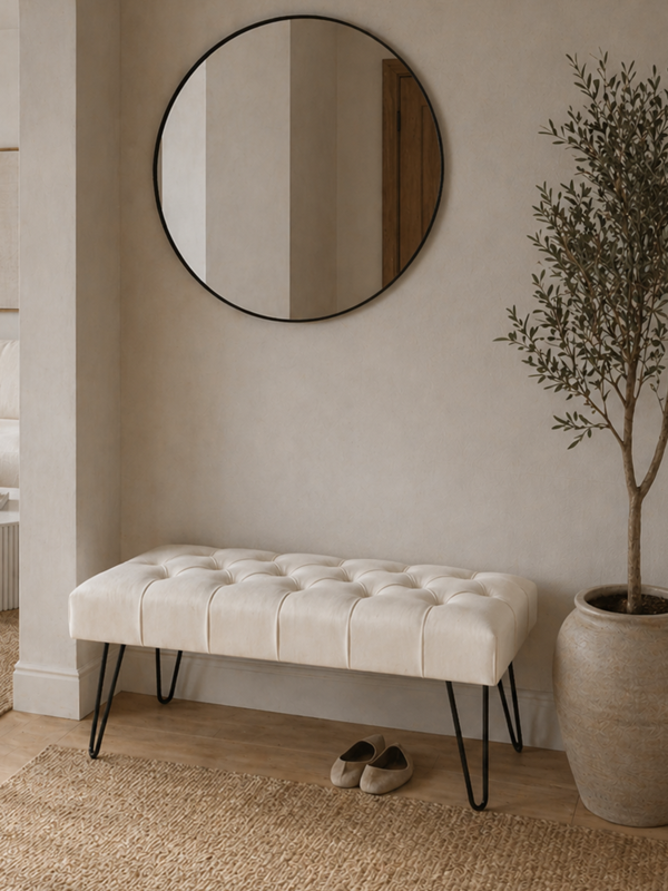 Panca imbottita color crema con gambe decorative a spillo