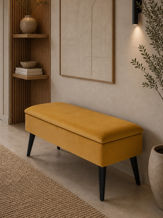 pouf da corridoio imbottito giallo con vano portaoggetti