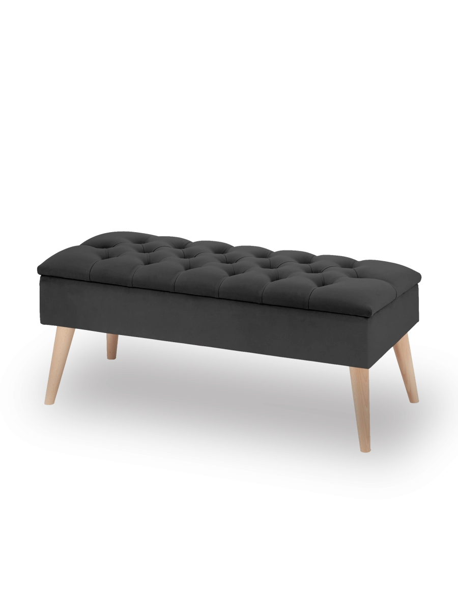 Pouf rétro trapuntato color grafite con vano contenitore: un complemento d'arredo elegante e pratico per il soggiorno.
