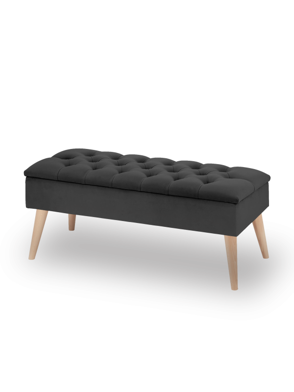 Pouf rétro trapuntato color grafite con vano contenitore: un complemento d'arredo elegante e pratico per il soggiorno.