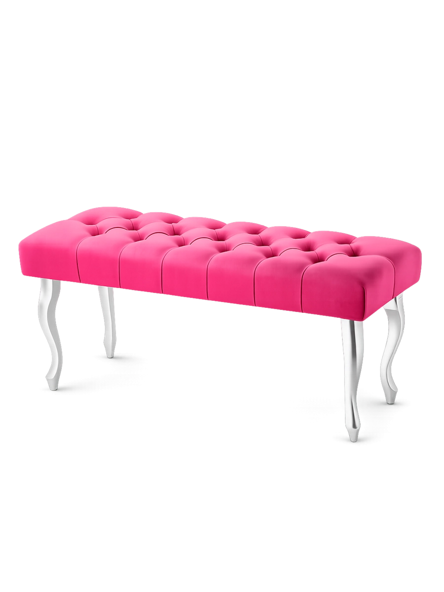 Un'elegante panca trapuntata in un intenso colore fucsia con gambe argentate.