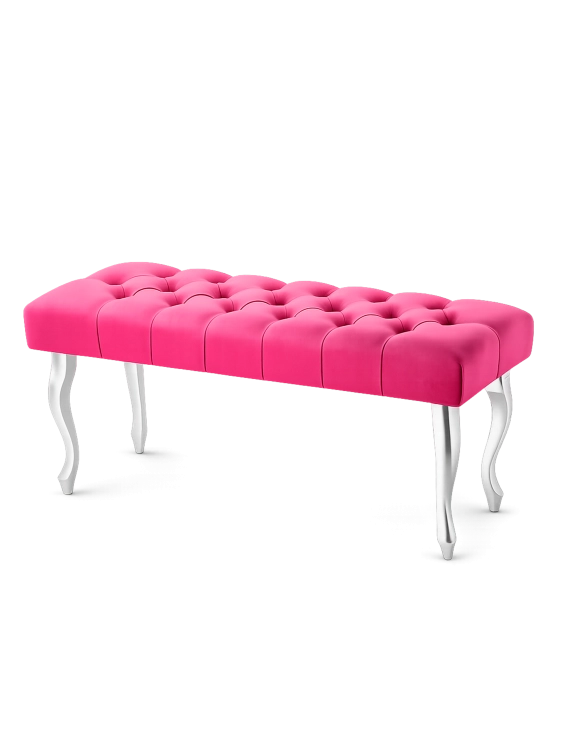 Un'elegante panca trapuntata in un intenso colore fucsia con gambe argentate.