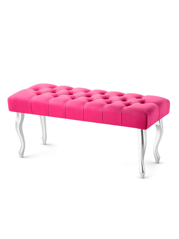 Un'elegante panca trapuntata in un intenso colore fucsia con gambe argentate.