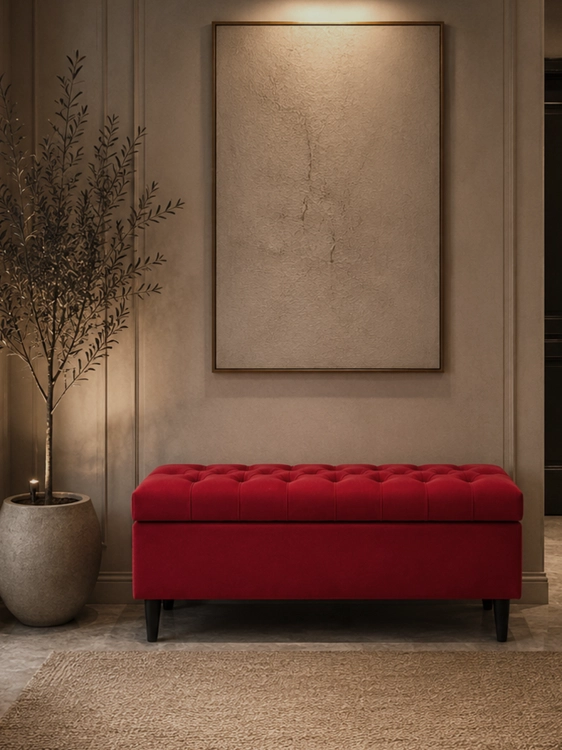 Cassapanca apribile rossa trapuntata, un mobile contenitore elegante e pratico