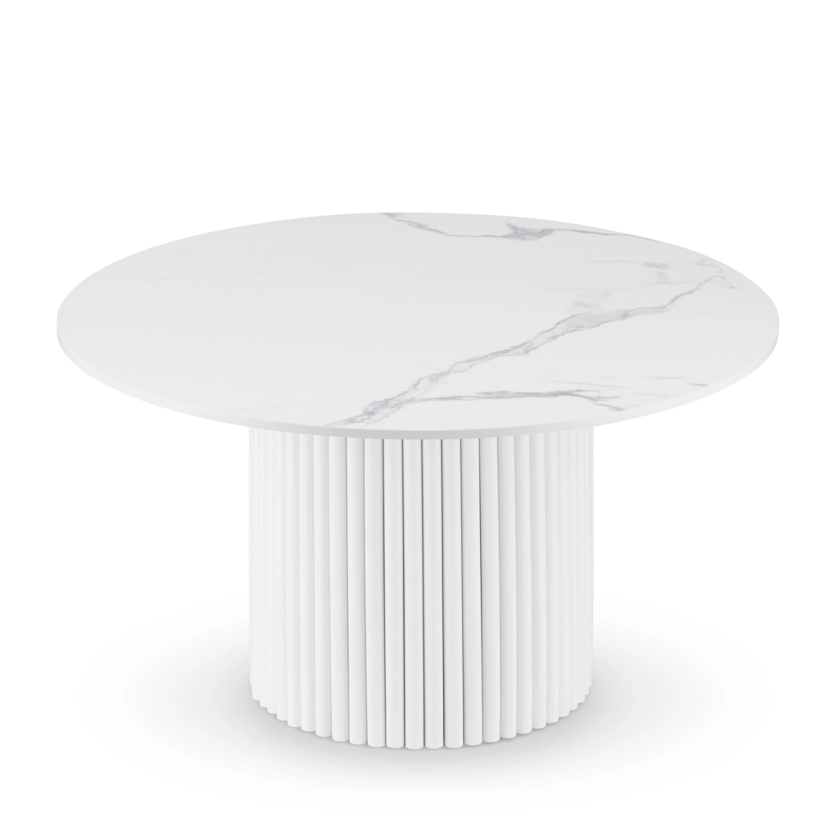 Tavolo rotondo bianco con piano in pietra e base scanalata decorativa
