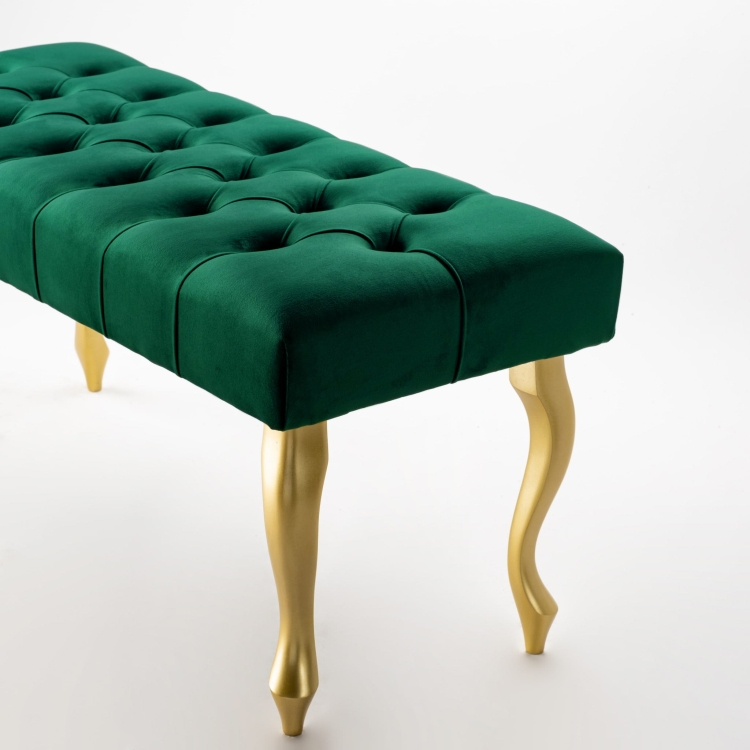 Panca moderna verde bottiglia con gambe dorate