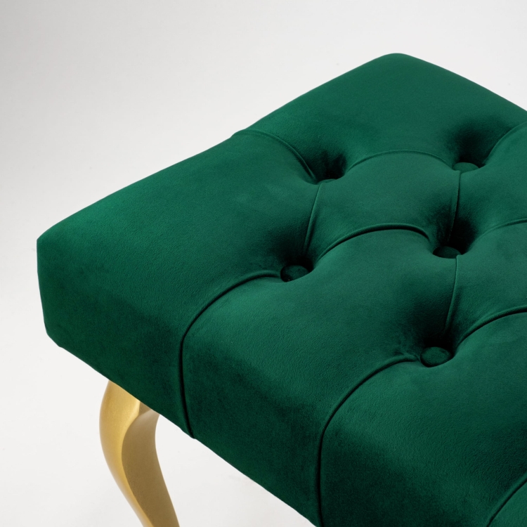 Elegante panca trapuntata con gambe dorate in verde bottiglia