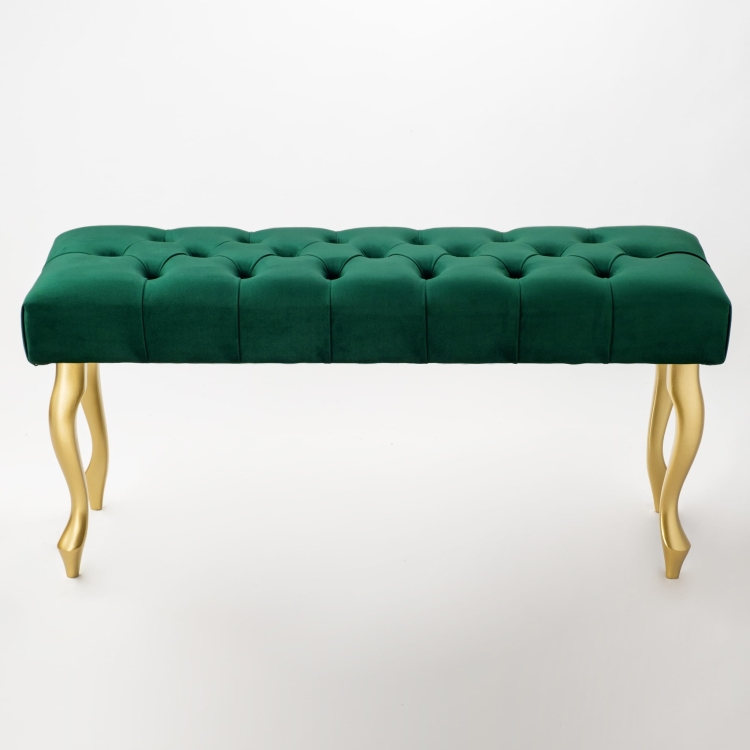 Panca imbottita verde bottiglia con gambe dorate