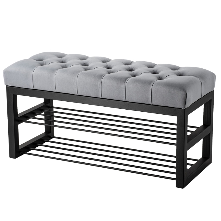 panca industriale trapuntata con ripiani in metallo