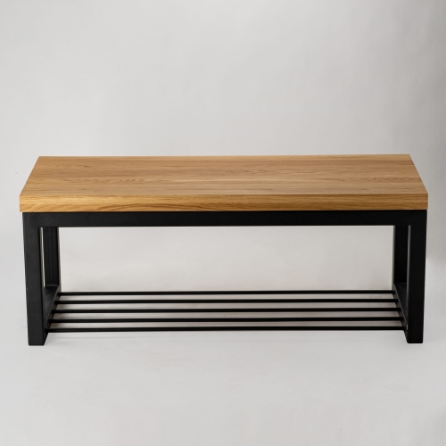 Panca industriale con piano in legno e ripiano in metallo