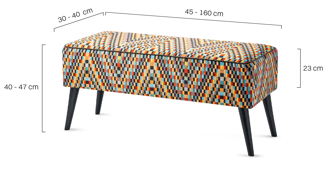 tapicerowana kolorowa ławka do przedpokoju na czarnych nogach