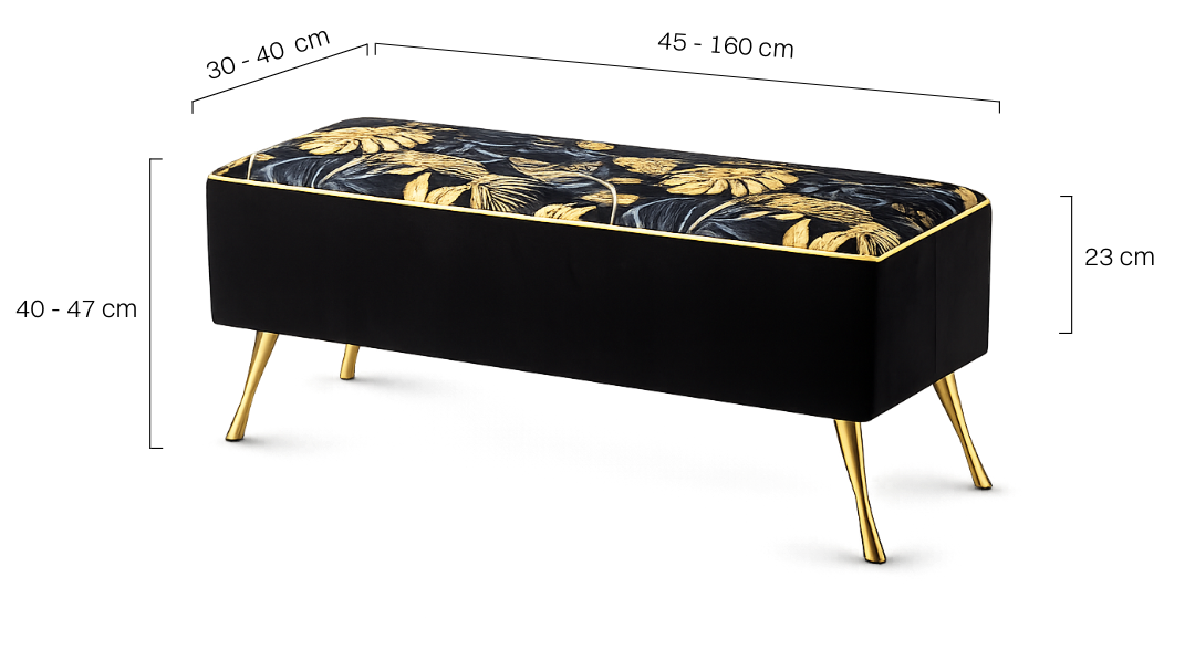 Tapicerowana ławka ze złotymi wzorami i na metalowych nogach