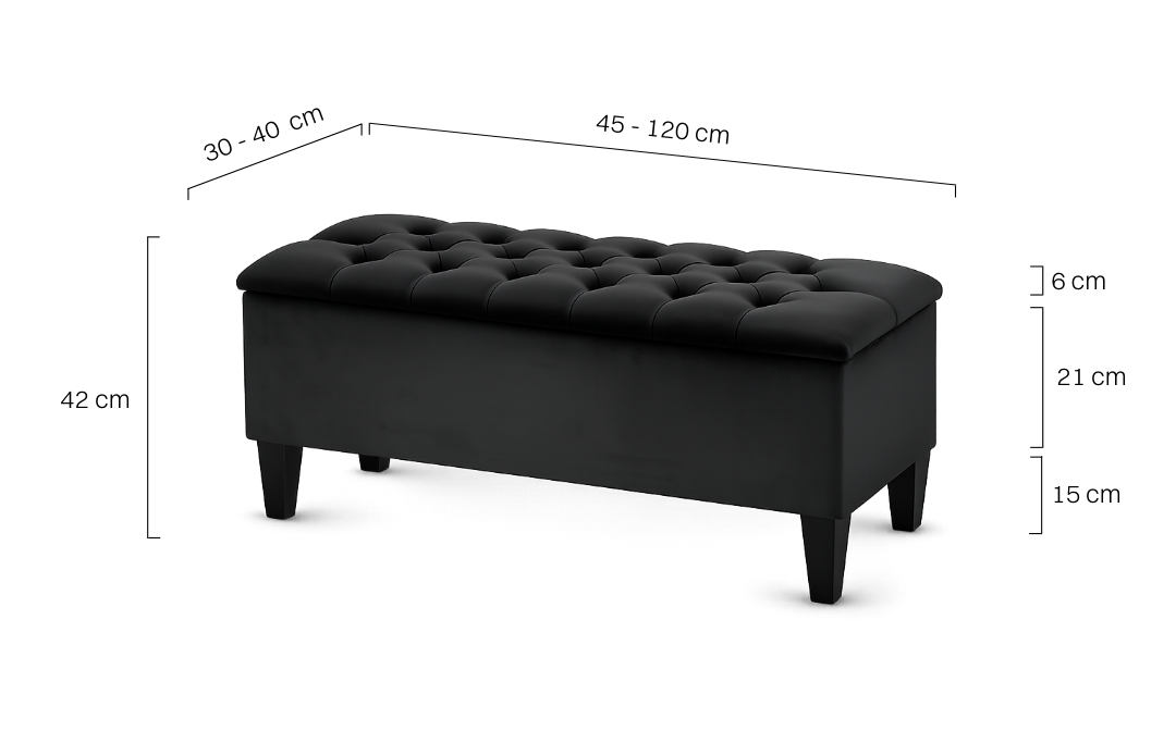Elegante pouf trapuntato nero con contenitore, ideale per il soggiorno o la camera da letto