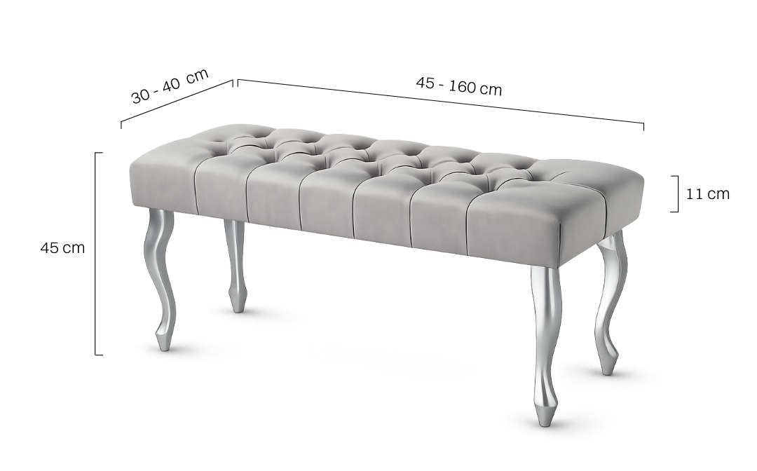 Ławka pikowana w kolorze szarym z połyskującymi chromowanymi nogami