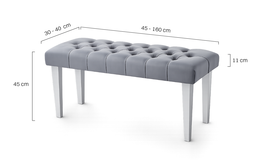 Elegante panca grigia con rivestimento trapuntato e gambe bianche
