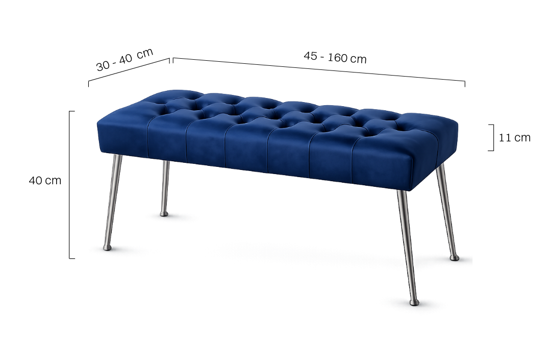 Panca trapuntata blu navy con gambe in metallo, perfetta per interni in stile loft
