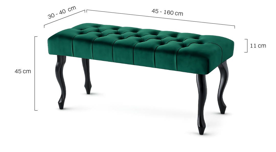 Panca trapuntata verde bottiglia con gambe nere