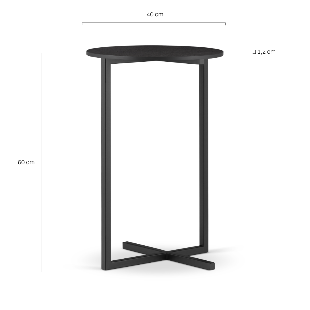 Elegante tavolo ausiliario rotondo in nero con base in acciaio