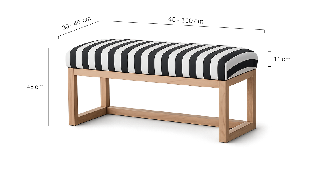 Gepolsterte Bank in schwarz-weißen Streifen mit Holzrahmen und einer Ablage