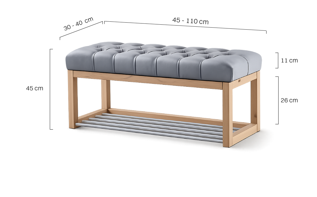 Grau gesteppte Bank mit hellem Holzrahmen und einer Ablage