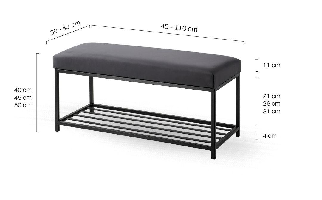 Graphitfarbene gepolsterte Bank mit Metallgestell und Schuhregal