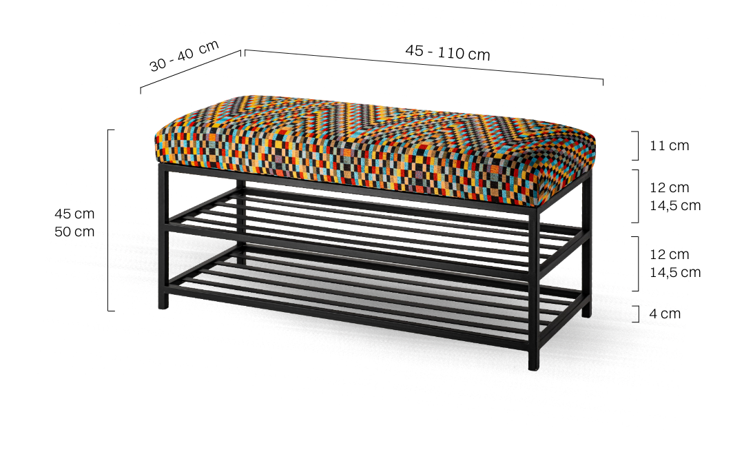 Farbige gepolsterte Bank mit Metallablagen