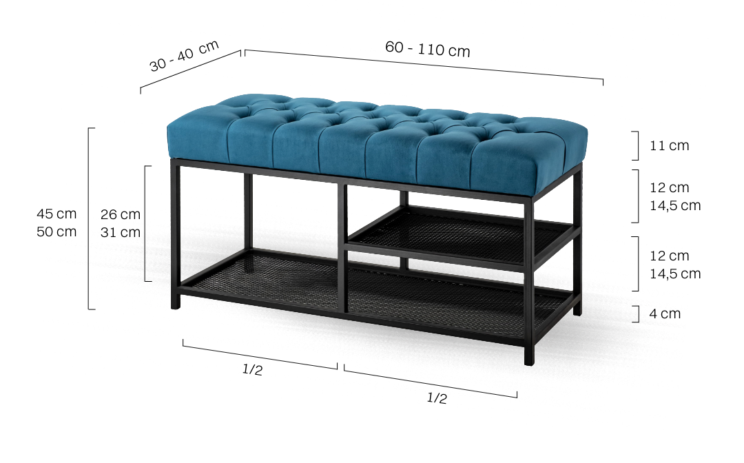 Panca trapuntata in metallo blu in stile loft con ripiani portaoggetti