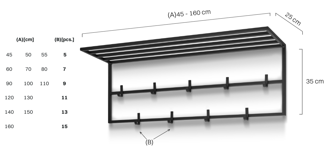Czarny stalowy wieszak z półką na ścianę do przedpokoju, praktyczny i nowoczesny