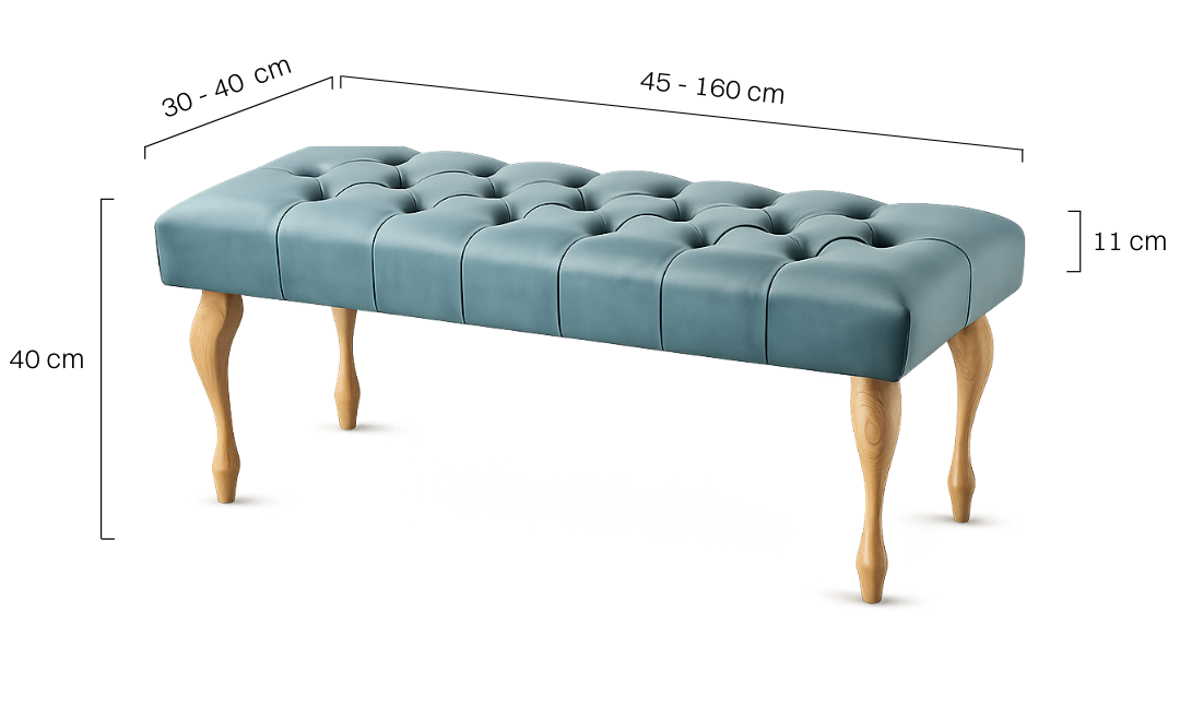 Panca trapuntata color menta con gambe in legno classiche