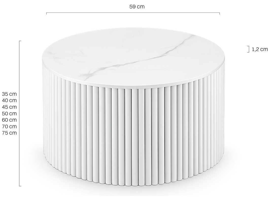 tavolino moderno di colore bianco con base scanalata e piano in pietra