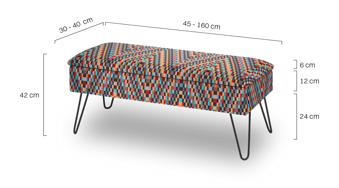Pouf colorato con contenitore e gambe a spillo