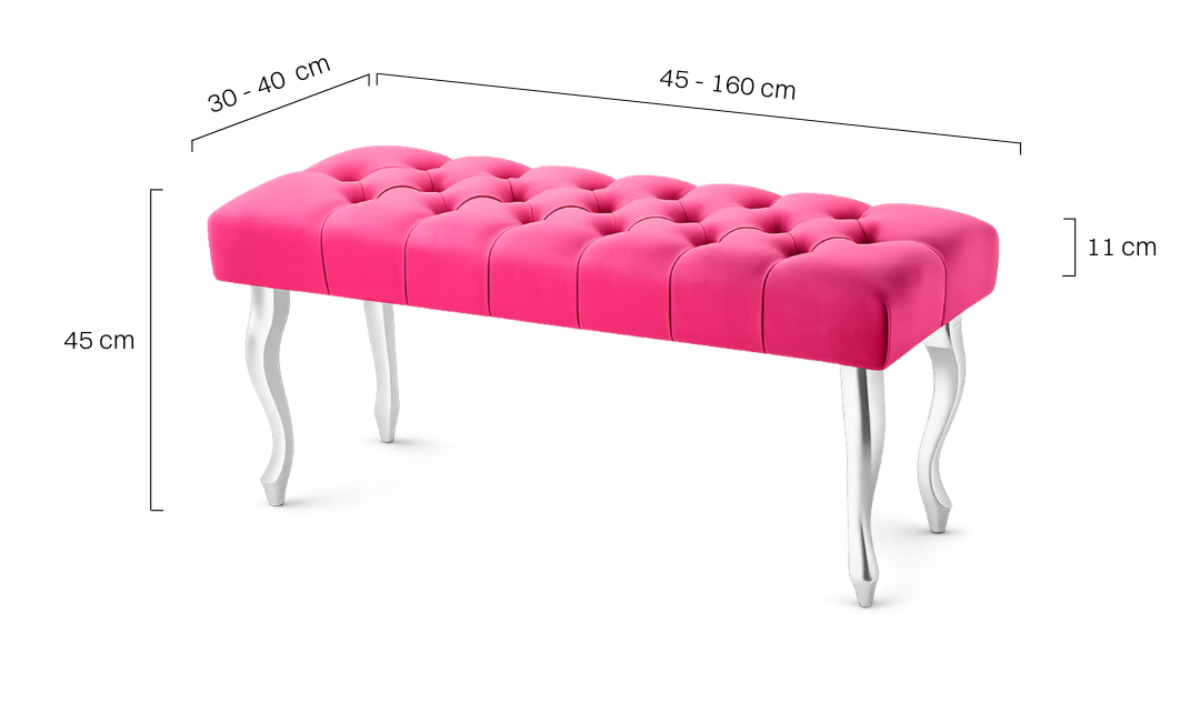 Un'elegante panca trapuntata in un intenso colore fucsia con gambe argentate.