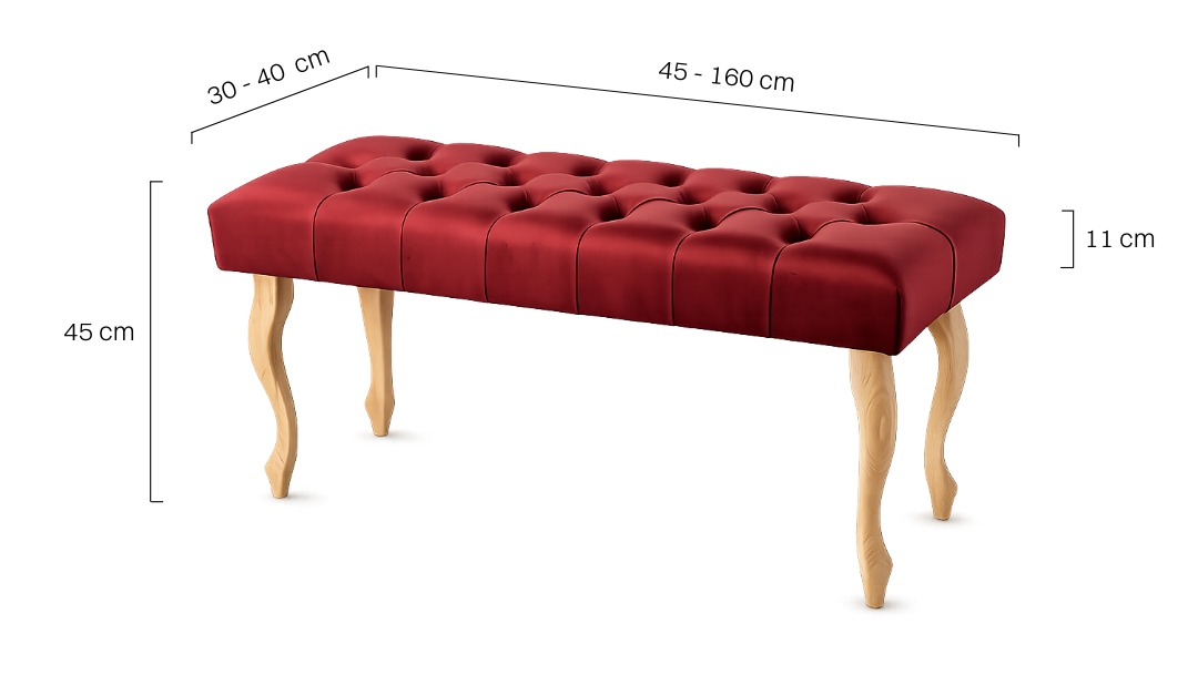 Elegante panca imbottita in un intenso bordeaux con gambe in legno